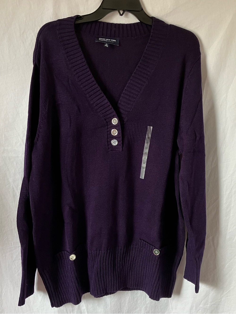 Jones New York Deep Purple V-Neck Sweater with Button Placket size 3X.